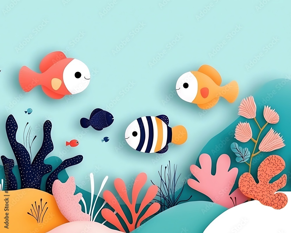 Fototapeta premium Three fish swimming in a blue ocean with a green background