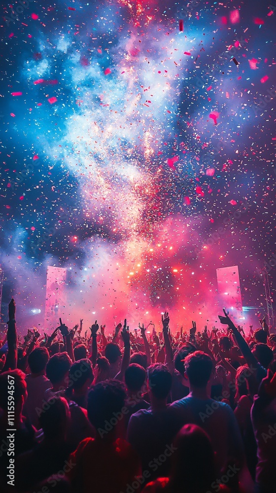 Fototapeta premium A vibrant music festival and concert with an enthusiastic crowd cheering, shouting, and expressing their excitement and joy. The atmosphere is filled with energy, as fans celebrate live performances a