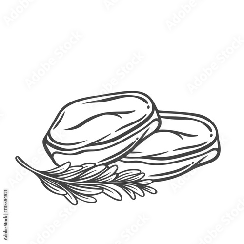 Steak filet two slices line icon. Outline hand drawn sketch of beefsteak and rosemary branch to grill for dinner. Cooking, butchers shop product, BBQ food mascot, meat steak icon vector illustration