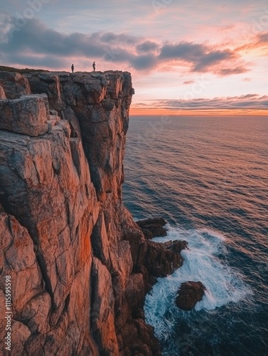 Coastal Adventure at Sunset, stunning rugged cliffs bathed in vibrant sunset hues, waves crashing against rocks, perfect for inspiring outdoor exploration and adventure seekers. photo