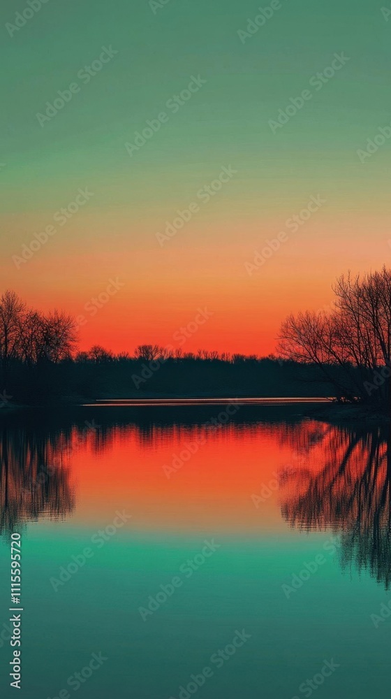 Obraz premium A serene sunset over a calm lake, reflecting vibrant colors.