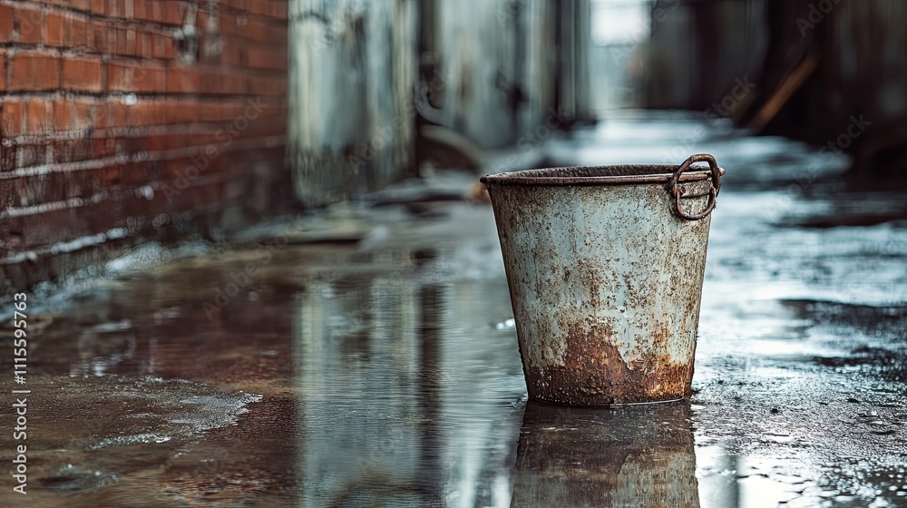 Fototapeta premium Rusty Bucket in a Puddle - Urban Scene