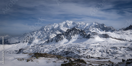 Panorama of the Mont Blanc in winter, with sunlight