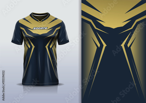 T-shirt mockup abstract stripe line jersey design for football, soccer, racing, esports, running, in blue navy gold color