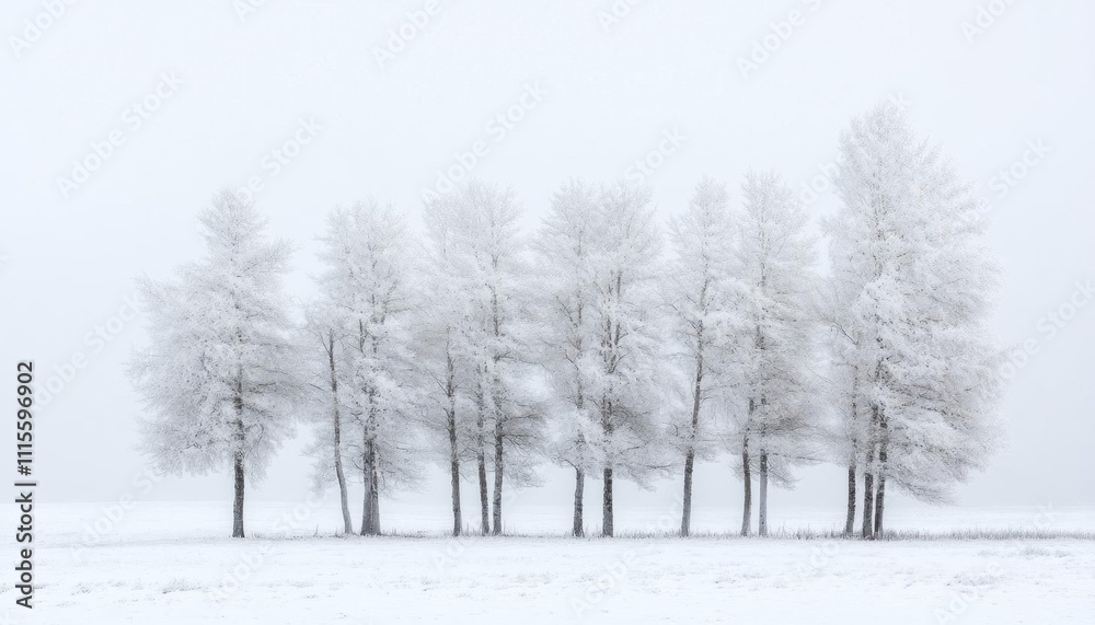 Obraz premium A serene winter landscape with snow-covered trees in a foggy setting.