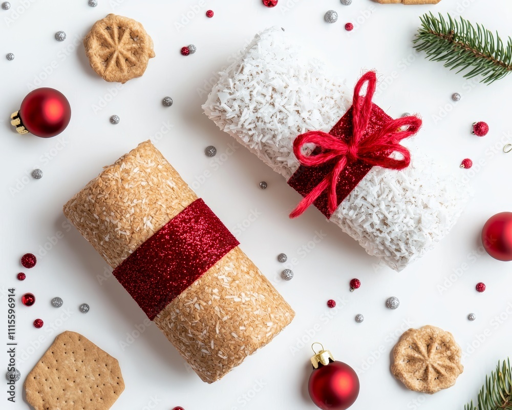 Festive gifts wrapped in red and white, surrounded by ornaments, cookies, and greenery, creating a cheerful holiday atmosphere. Festive gifts wrapped in red and white, surrounded by ornaments, cookies, and greenery, creating a cheerful holiday atmosphere.