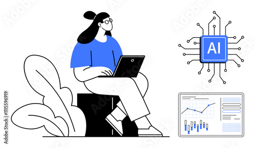 Woman working on laptop beside AI chip icon and data chart with graphs and bars. Ideal for technology, data analysis, education, AI, remote work, innovation, digital transformation. Line metaphor