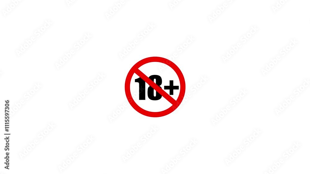 Under 18 forbidden ban icon sign animation. Eighteen or older persons adult content 18 plus only rating animation isolated on white background.