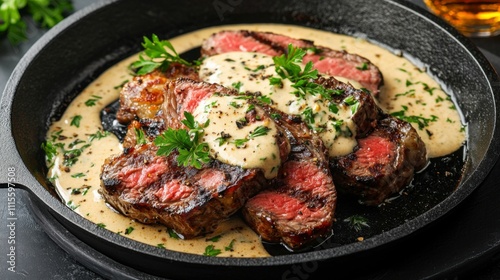 Savory steak with creamy sauce and herbs served in a sizzling skillet.