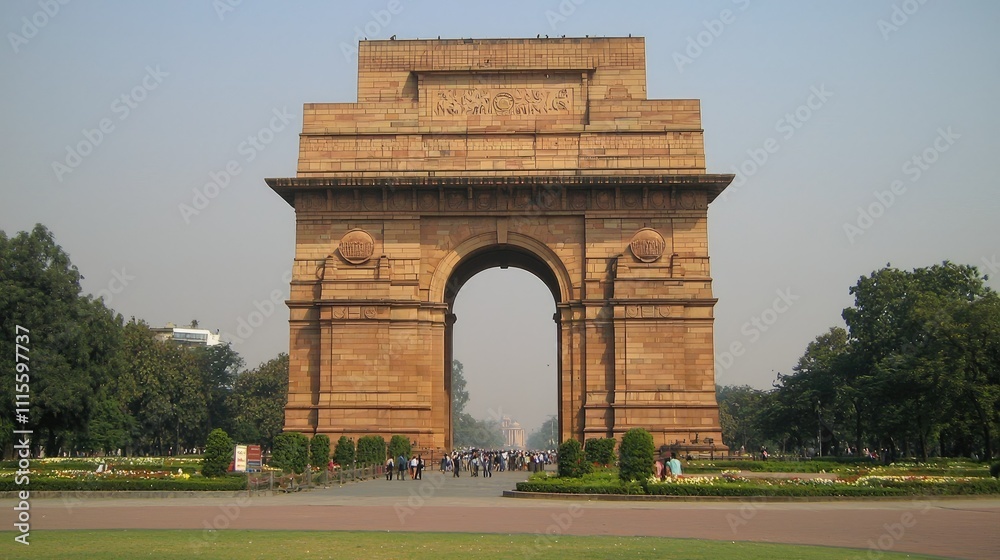 India Gate, New Delhi, majestic sandstone arch, historical landmark, tourists, trees, pathway. India Gate, New Delhi, majestic sandstone arch, historical landmark, tourists, trees, pathway.