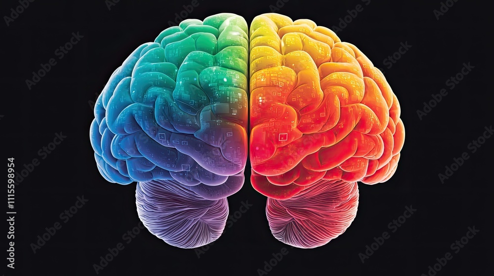 Obraz premium Evolution technology biotechnology concept. Colorful representation of a brain split into two halves, showcasing vibrant hues and intricate details.
