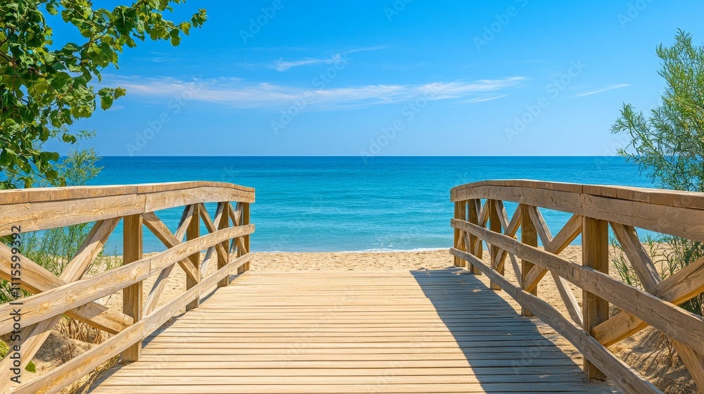 Wooden Boardwalk Leading to Picturesque Tranquil Sandy Beach on a Beautiful Sunny Summer Day Wooden Boardwalk Leading to Picturesque Tranquil Sandy Beach on a Beautiful Sunny Summer Day