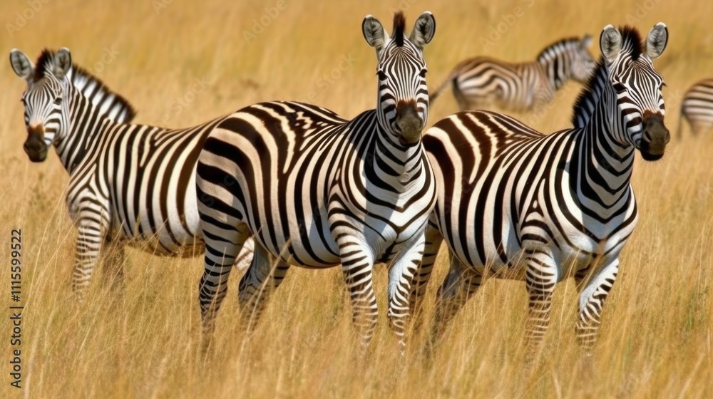 Naklejka premium A group of zebras standing together in a grassy field.