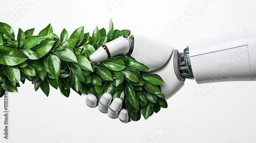 Evolution technology biotechnology concept. A robotic hand shakes hands with a green leaf branch, symbolizing harmony between technology and nature. photo