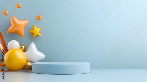 Creative podium display with colorful decorations for events and celebrations bright background fun atmosphere playful concept