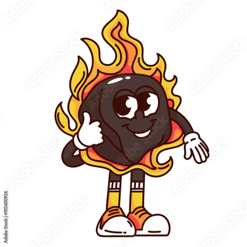 Groovy charcoal cartoon character with fire and thumbs up. Funny retro hot wood coal to grill barbecue food. BBQ party, picnic mascot, cartoon burning charcoal sticker of 70s 80s vector illustration