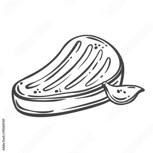 Grilled beef steak line icon. Outline hand drawn sketch of one meat steak with grill grate strips and garlic. BBQ food, restaurant menu mascot, cooked tasty beefsteak icon vector illustration