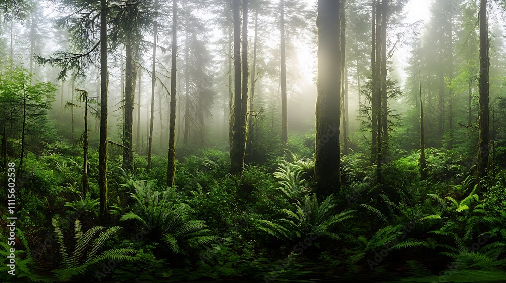 Fototapeta premium A misty forest scene with tall trees and lush ferns, creating a serene atmosphere.