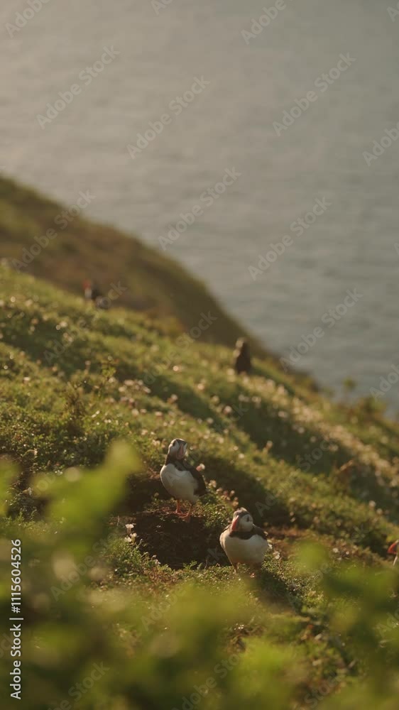 Vertical Pair of Two Puffins on the Coast, Vertical Atlantic Puffin ...
