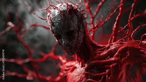 Crimson Horror: A nightmarish digital creature, veins and roots intertwine, creating a terrifying and unsettling image.  A chilling display of digital artistry.