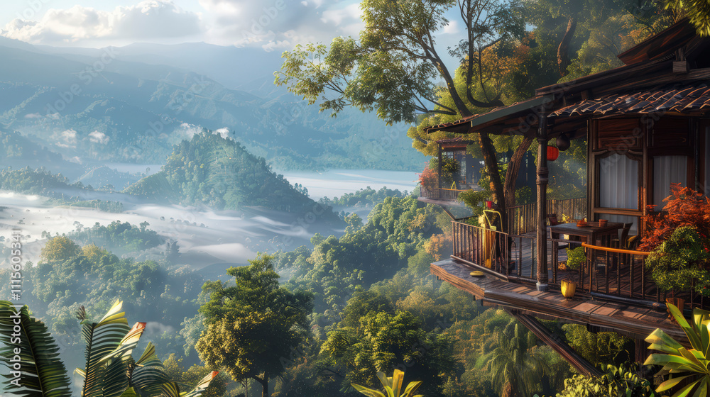 Obraz premium Rustic Mountaintop Cafe Surrounded by Lush Asian Forest