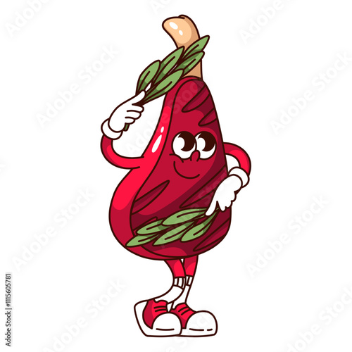 Groovy grilled meat steak cartoon character with bone and herbs. Funny retro beefsteak holding rosemary leaves. BBQ, cooking mascot, cartoon steak with smile sticker of 70s 80s vector illustration