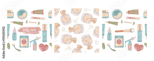 Hand-drawn seamless pattern set with skincare and self-care products design