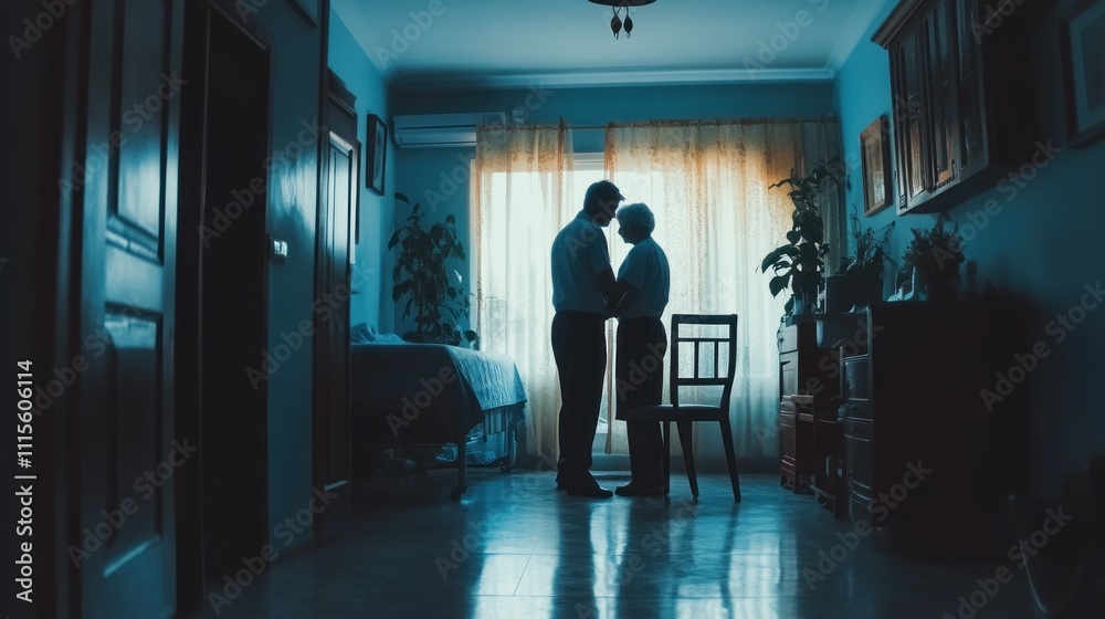 Two silhouetted figures embracing in a dimly lit room, hinting at an intimate or emotional moment in a home setting with soft lighting from a window. Two silhouetted figures embracing in a dimly lit room, hinting at an intimate or emotional moment in a home setting with soft lighting from a window.