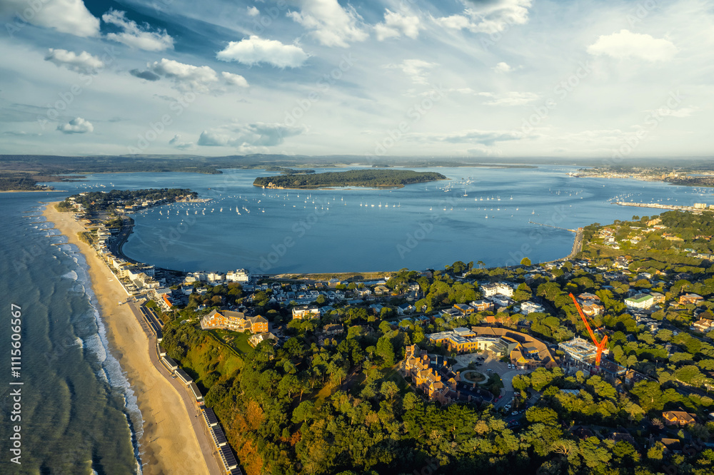 Obraz premium View from above of Sandbanks and Poole Bay