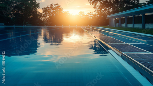 A solar-powered water heating system for a public swimming pool, reducing energy consumption by harnessing the power of the sun for heating water.