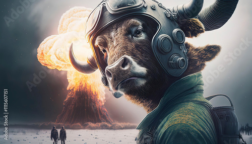 a buffalo that is a fighter pilot. a nuclear bomb exploding in the background photo