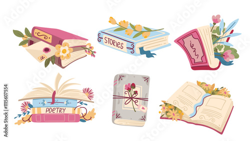 Open and closed paper cartoon books and literature stacks with flowers set. Funny old library books with bouquet, bookmark, love letter. Reading, gift mascots, cartoon collection vector illustration
