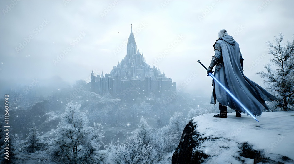 A lone warrior in gleaming silver armor stands on a snowy cliff edge, holding a glowing blue sword with a billowing royal blue cape flowing behind them. The warrior gazes up at an immense, icy fortres A lone warrior in gleaming silver armor stands on a snowy cliff edge, holding a glowing blue sword with a billowing royal blue cape flowing behind them. The warrior gazes up at an immense, icy fortres