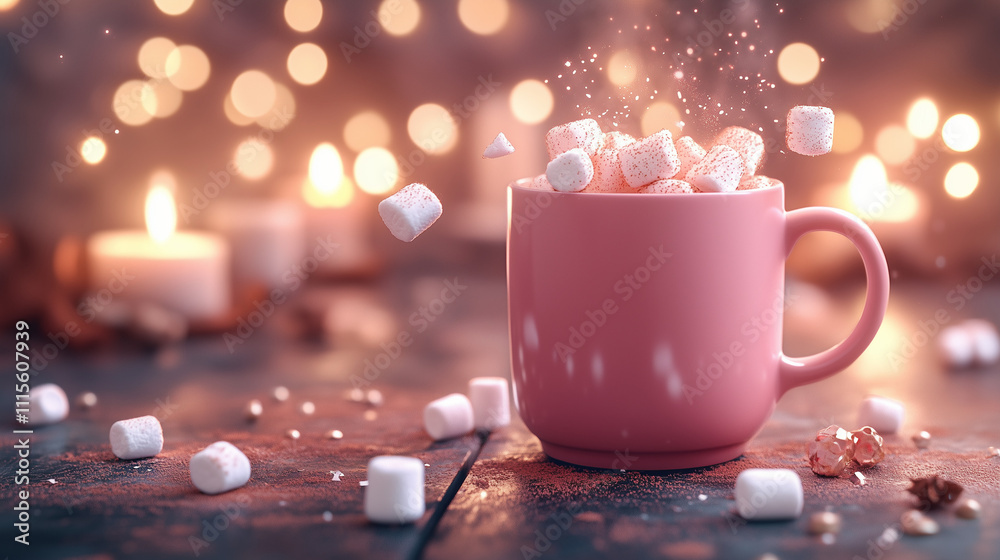 A pink mug filled with marshmallows A pink mug filled with marshmallows