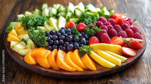Foto de arriba de un plato del buen comer rebosando de frutas y verduras