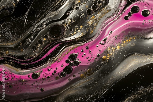 Shiny liquid waves in deep black and neon pink tones, flowing organic pattern, digital art with metallic finish, high gloss texture 4