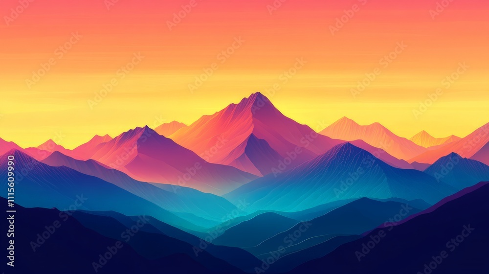 Fototapeta premium Vibrant Mountain Sunset, a breathtaking view showcasing colorful peaks against a clear sky, perfect for outdoor adventures and inspiring exploration in nature.