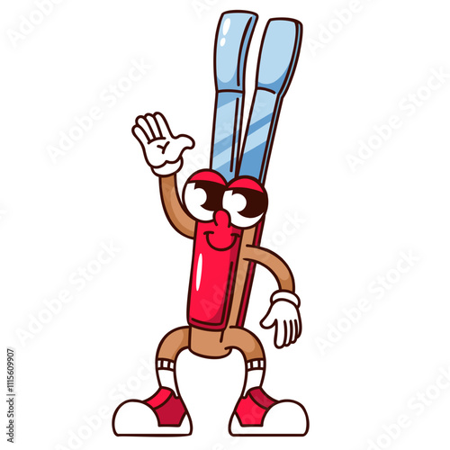 Groovy barbecue meat tongs cartoon character greeting with smile. Funny retro chefs tool waving to say Hi, BBQ party invitation. Picnic mascot, cartoon tongs sticker of 70s 80s vector illustration