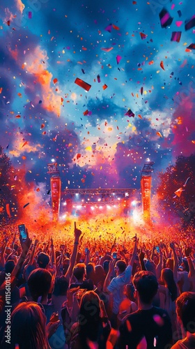 A vibrant music festival and concert with an enthusiastic crowd cheering, shouting, and expressing their excitement and joy. The atmosphere is filled with energy, as fans celebrate live performances a