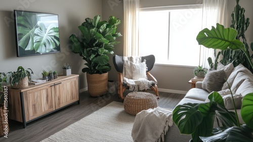 Modern living room with large plants, comfy seating, and natural light.