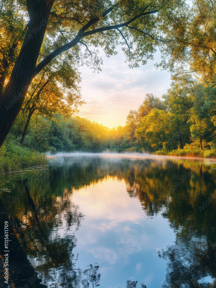 Reflections of Dawn: Misty Lake at Sunrise