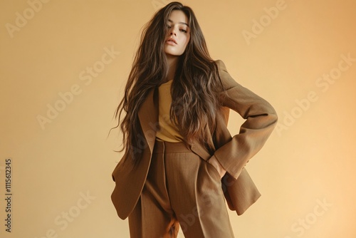 Elegant woman wearing a brown pantsuit with baggy pants and a big brown jacket, long loose hair, standing in a studio with soft lighting 1