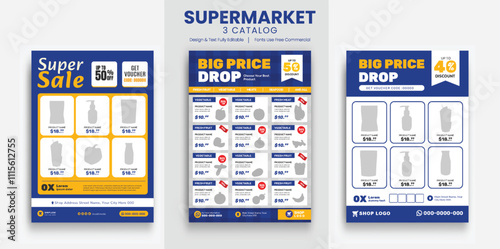Supermarket product sale catalog flyer bundle template. Supermarket flyer with discounts. Minimalist layout banner for supermarket product price catalog