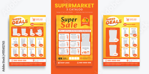 Supermarket product promotion flyer template. Supermarket flyer with discounts. 3d layout banner for supermarket product catalog