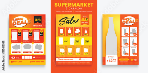 Supermarket product sale catalog flyer bundle template. Supermarket flyer with discounts. Minimalist layout banner for supermarket product price catalog