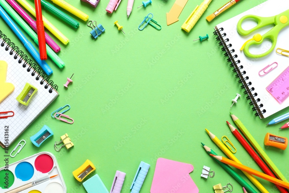 Flat lay with school stationery on color background, top view Flat lay with school stationery on color background, top view