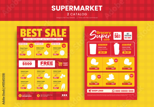 Supermarket product sale catalog and grocery sale flyer template set
