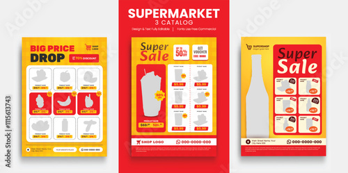 Supermarket product promotion flyer template. Supermarket flyer with discounts. 3d layout banner for supermarket product catalog