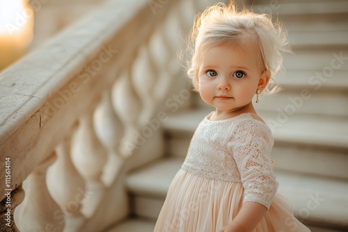 Baby girl with white hair wearing a luxurious pleated skirt and silk top, standing on a marble staircase, accessorized with pearl earrings, sunset 1