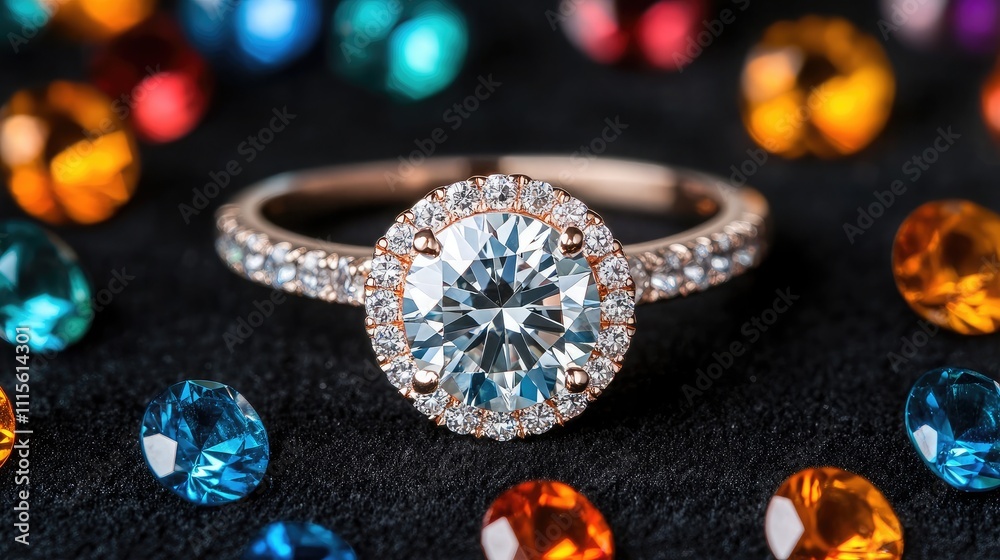 Fototapeta premium Elegant Rose Gold Engagement Ring Surrounded by Colorful Gemstones on a Black Velvet Background Capturing a Luxurious and Romantic Atmosphere
